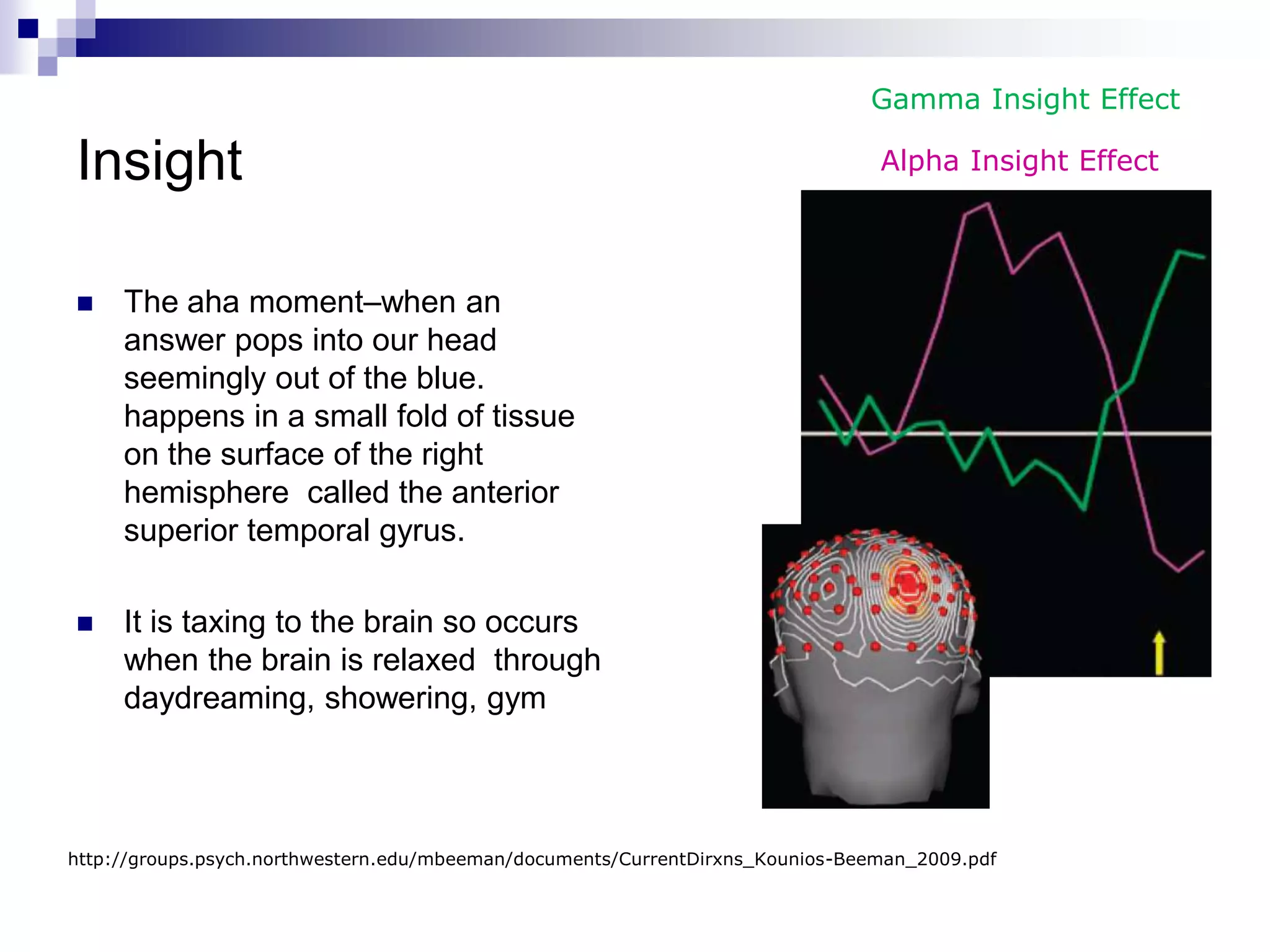 Gamma Insight Effect

Insight                                                                         Alpha Insight Effect




    The aha moment–when an
     answer pops into our head
     seemingly out of the blue.
     happens in a small fold of tissue
     on the surface of the right
     hemisphere called the anterior
     superior temporal gyrus.

    It is taxing to the brain so occurs
     when the brain is relaxed through
     daydreaming, showering, gym



http://groups.psych.northwestern.edu/mbeeman/documents/CurrentDirxns_Kounios-Beeman_2009.pdf
 