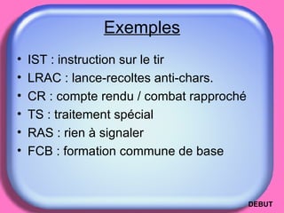 Exemples IST : instruction sur le tir LRAC : lance-recoltes anti-chars. CR : compte rendu / combat rapproché TS : traitement spécial RAS : rien à signaler FCB : formation commune de base DEBUT 