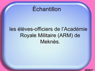 Échantillon  les élèves-officiers de l’Académie Royale Militaire (ARM) de Meknès. DEBUT 