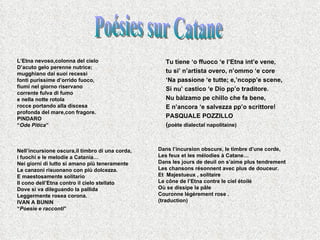 Tu tiene ‘o ffuoco ‘e l’Etna int’e vene, tu si’ n’artista overo, n’ommo ‘e core ‘ Na passione ‘e tutte; e,’ncopp’e scene, Si nu’ castico ‘e Dio pp’o traditore. Nu bàlzamo pe chillo che fa bene, E n’ancora ‘e salvezza pp’o scrittore! PASQUALE POZZILLO ( poète dialectal napolitaine)  L’Etna nevoso,colonna del cielo D’acuto gelo perenne nutrice; mugghiano dai suoi recessi  fonti purissime d’orrido fuoco, fiumi nel giorno riservano corrente fulva di fumo e nella notte rotola rocce portando alla discesa profonda del mare,con fragore. PINDARO “ Ode Pitica ” Nell’incursione oscura,il timbro di una corda, i fuochi e le melodie a Catania… Nei giorni di lutto si amano più teneramente  Le canzoni risuonano con più dolcezza. E maestosamente solitario Il cono dell’Etna contro il cielo stellato Dove si va dileguando la pallida Leggermente rosea corona. IVAN A BUNIN “ Poesie e racconti ” Dans l’incursion obscure, le timbre d’une corde, Les feux et les mélodies à Catane… Dans les jours de deuil on s’aime plus tendrement  Les chansons résonnent avec plus de douceur. Et  Majestueux , solitaire  Le cône de l’Etna contre le ciel étoilé  Où se dissipe la pâle  Couronne légèrement rose . (traduction) Poésies sur Catane 