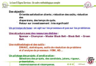 Des   objectifs  : Orientés satisfaction clients ; réduction des coûts, réduction des dispersions, des temps de cycle. Retour sur investissement : très significatif Un principe de base  : on agit sur les processus et pas sur les problèmes Une structure avec  des ressources dédiées   : Sponsor – Champion – Master Black Belt – Black Belt  – Green Belt. Une   méthodologie   et   des   outils  : DMAIC, statistiques, outils de résolution de problème et d’analyse de processus : VSM, AD… Un pilotage des projets  d’amélioration  : Sélections des projets, des candidats, jalons, rigueur, présentation, reconnaissance et récompense. Le Lean 6 Sigma Services : Un cadre méthodologique complet 