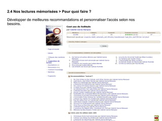 2.4 Nos lectures mémorisées > Pour quoi faire ? Développer de meilleures recommandations et personnaliser l'accès selon nos besoins.  