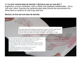 1.1 Le livre comme base de donnée > Qu'est-ce que ça veut dire ?  Aujourd'hui, un livre numérique, c'est un fichier avec quelques métadonnées : .txt ou .pdf voire .xhtml. Il permet une recherche plein texte (trouver les occurrences d'un terme dans un contenu) et c'est à peu près tout. Demain, le livre est une base de donnée.  