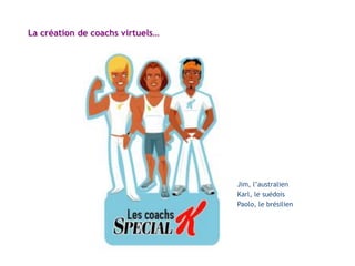 En 2002
La création de coachs virtuels…
Jim, l’australien
Karl, le suédois
Paolo, le brésilien
 