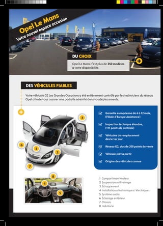 1 Compartiment moteur 
2 Suspensions et Freinage 
3 Échappement 
4 Installations électroniques / électriques 
5 Système audio 
6 Éclairage extérieur 
7 Chassis 
8 Habitacle 
Opel Le Mans 
Votre nouvel espace occasion 
Du chOix 
 Opel Le Mans c’est plus de 350 modèles 
à votre disponibilité. 
DES VéhicuLES fiABLES 
 
Votre véhicule G2 Les Grandes Occasions a été entièrement contrôlé par les techniciens du réseau 
Opel afin de vous assurer une parfaite sérénité dans vos déplacements. 
Garantie européenne de 6 à 12 mois, 
(Filiale d’Europe Assistance) 
Inspection technique étendue, 
(111 points de contrôle) 
Véhicules de remplacement 
dès le 1er jour 
Réseau G2, plus de 200 points de vente 
Véhicule prêt à partir 
Origine des véhicules connue 
 
 
 
 
 
 
 