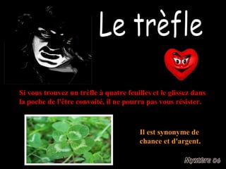 Le trèfle Il est synonyme de chance et d'argent. Si vous trouvez un trèfle à quatre feuilles et le glissez dans la poche de l'être convoité, il ne pourra pas vous résister. 
