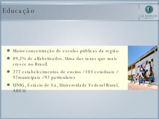 Educação Maior concentração de escolas públicas da região  89,2% de alfabetizados. Uma das taxas que mais cresce no Brasil. 277 estabelecimentos de ensino / 103 estaduais / 92municipais / 92 particulares UNIG, Estácio de Sá, Universidade Federal Rural, ABEU 