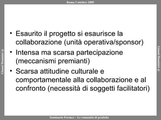 Esaurito il progetto si esaurisce la collaborazione (unità operativa/sponsor) Intensa ma scarsa partecipazione (meccanismi premianti) Scarsa attitudine culturale e comportamentale alla collaborazione e al confronto (necessità di soggetti facilitatori) 