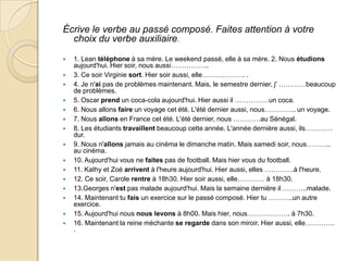 connaître- connuComment on utilise ETRE ou AVOIR pour faire la formation: Etre:Avec les verbes:.Elle est alléeau cinema le jour dernier.Avec la formation du passive.