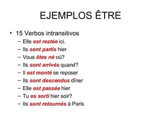 EJEMPLOS ÊTRE 15 Verbos intransitivos Elle  est restée  ici. Ils  sont partis  hier Vous  êtes né  où? Ils  sont arrivés  quand? Il  est monté  se reposer Ils  sont descendus  dîner Elle  est passée  hier Tu  es sorti  hier soir? Ils  sont retournés  à Paris 