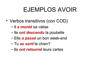 EJEMPLOS AVOIR Verbos transitivos (con COD) Il  a monté  sa valise Ils  ont descendu  la poubelle Elle  a passé  un bon week-end Tu  as sorti  le chien? Ils  ont retourné  leurs cartes 