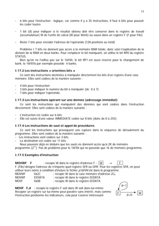 13
- 6 bits pour l’instruction : logique, car comme il y a 35 instructions, il faut 6 bits pour pouvoir
les coder toutes
- 1 bit (d) pour indiquer si le résultat obtenu doit être conservé dans le registre de travail
(accumulateur) W de l’unité de calcul (W pour Work) ou sauvé dans un registre F (F pour File).
- Reste 7 bits pour encoder l'adresse de l’opérande (128 positions au total)
Problème ! 7 bits ne donnent pas accès à la mémoire RAM totale, donc voici l’explication de la
division de la RAM en deux banks. Pour remplacer le bit manquant, on utilise le bit RP0 du registre
STATUS.
Bien qu'on ne l'utilise pas sur le 16F84, le bit RP1 est aussi réservé pour le changement de
bank, le 16F876 par exemple possède 4 banks.
I.17.2 Les instructions « orientées bits »
Ce sont des instructions destinées à manipuler directement les bits d’un registre d'une case
mémoire. Elles sont codées de la manière suivante :
- 4 bits pour l’instruction
- 3 bits pour indiquer le numéro du bit à manipuler (de 0 à 7)
- 7 bits pour indiquer l’opérande.
I.17.3 Les instructions opérant sur une donnée (adressage immédiat)
Ce sont les instructions qui manipulent des données qui sont codées dans l’instruction
directement. Elles sont codées de la manière suivante :
- L’instruction est codée sur 6 bits
- Elle est suivie d’une valeur IMMEDIATE codée sur 8 bits (donc de 0 à 255).
I.17.4 Les instructions de saut et appel de procédures
Ce sont les instructions qui provoquent une rupture dans la séquence de déroulement du
programme. Elles sont codées de la manière suivante :
- Les instructions sont codées sur 3 bits
- La destination est codée sur 11 bits
Nous pouvons déjà en déduire que les sauts ne donnent accès qu’à 2K de mémoire
programme (211
). Pas de problème pour le 16F84 qui ne possède que 1k de mémoire programme.
I.17.5 Exemples d'instruction
MOVWF F ; recopie W dans le registre d'adresse F : .W → . F .
F (File) désigne l'adresse de n'importe quel registre SFR ou GPR. Pour les registres SFR, on peut
utiliser leurs noms à condition d'inclure le fichier p16F84.inc dans le programme
MOVWF 0x2C ; recopie W dans la case mémoire d'adresse 2Ch
MOVWF EEDATA ; recopie W dans le registre EEDATA
MOVF 0x08 ; recopie W dans le registre EEDATA
F W
d=1
d=0
MOVF F,d ; recopie le registre F soit dans W soit dans lui-même
Recopier un registre sur lui-même peut paraître sans intérêt, mais comme
l'instruction positionne les indicateurs, cela peut s'avérer intéressant
 