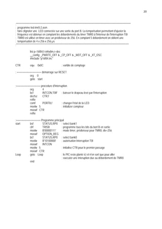 20
;************************************************************************************************************************
; programme led-tmr0-2.asm
; faire clignoter une LED connectée sur une sortie du port B. La temporisation permettant d'ajuster la
; fréquence est obtenue en comptant les débordements du timer TMR0 à l'interieur de l'interruption T0I
; TMR0 est utilisé en timer avec un prédiviseur de 256. En comptant 5 débordement on obtient une
; temporisation de 4 x 256 x 256 µs
;**********************************************************************************************************************
list p=16f84,f=inhx8m,r=dec
__config _PWRTE_OFF  _CP_OFF  _WDT_OFF  _XT_OSC
#include p16f84.inc
CTR equ 0x0C ; varible de comptage
; ================= démarrage sur RESET
org 0
goto start
;================= procedure d'interruption
org 4
bcf INTCON,T0IF ; baisser le drapeau levé par l'interruption
decfsz CTR,f
retfie
comf PORTB,f ; changer l'état de la LED
movlw 5 ; initializer compteur
movwf CTR
retfie
;================= Programme principal
start bsf STATUS,RP0 ; select bank1
clrf TRISB ; programme tous les bits du bort B en sortie
movlw B'00000111' ; mode timer, prédiviseur pour TMR0, div=256
movwf OPTION_REG
bcf STATUS,RP0 ; select bank0
movlw B'10100000' ; autorisation Interruption T0I
movwf INTCON
movlw 5 ; initialise CTR pour le premier passage
movwf CTR
Loop goto Loop ; le PIC reste planté ici et n'en sort que pour aller
; executer une interuption due au débordement de TMR0
end
 