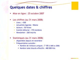 Quelques dates & chiffres Mise en ligne : 25 octobre 2007 Les chiffres (au 31 mars 2008) Liens : +500 Actualités/Agenda : 50aine Acteurs : 50 fiches Comité éditorial : 170 membres Newsletter : 260 inscrits Statistiques (au 31 mars 2008) disponibles depuis mi-novembre Fréquentation cumulée : Nombre de visiteurs uniques : 7 100  (5 800 en 2008) Nombre total d'accès effectifs : 480 000 hits 