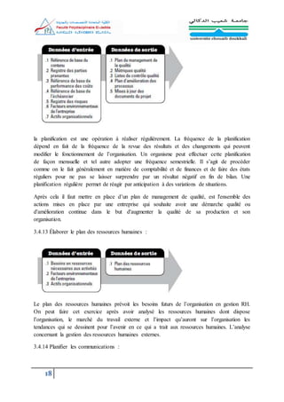 18
la planification est une opération à réaliser régulièrement. La fréquence de la planification
dépend en fait de la fréquence de la revue des résultats et des changements qui peuvent
modifier le fonctionnement de l’organisation. Un organisme peut effectuer cette planification
de façon mensuelle et tel autre adopter une fréquence semestrielle. Il s’agit de procéder
comme on le fait généralement en matière de comptabilité et de finances et de faire des états
réguliers pour ne pas se laisser surprendre par un résultat négatif en fin de bilan. Une
planification régulière permet de réagir par anticipation à des variations de situations.
Après cela il faut mettre en place d’un plan de management de qualité, est l'ensemble des
actions mises en place par une entreprise qui souhaite avoir une démarche qualité ou
d'amélioration continue dans le but d'augmenter la qualité de sa production et son
organisation.
3.4.13 Élaborer le plan des ressources humaines :
Le plan des ressources humaines prévoit les besoins futurs de l’organisation en gestion RH.
On peut faire cet exercice après avoir analysé les ressources humaines dont dispose
l’organisation, le marché du travail externe et l’impact qu’auront sur l’organisation les
tendances qui se dessinent pour l’avenir en ce qui a trait aux ressources humaines. L’analyse
concernant la gestion des ressources humaines externes.
3.4.14 Planifier les communications :
 