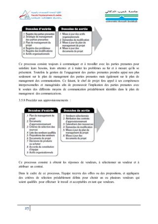 27
Ce processus consiste toujours à communiquer et à travailler avec les parties prenantes pour
satisfaire leurs besoins, leurs attentes et à traiter les problèmes au fur et à mesure qu’ils se
présentent. Toutefois la gestion de l’engagement des parties prenantes prendra appui non plus
seulement sur le plan de management des parties prenantes mais également sur le plan de
management des communications. Ce faisant, le chef de projet fera appel à ses compétences
interpersonnelles et managériales afin de promouvoir l’implication des parties prenantes avec
le soutien des différents moyens de communication préalablement identifiés dans le plan de
management des communications.
3.5.8 Procéder aux approvisionnements :
Ce processus consiste à obtenir les réponses de vendeurs, à sélectionner un vendeur et à
attribuer un contrat.
Dans le cadre de ce processus, l'équipe recevra des offres ou des propositions, et appliquera
des critères de sélection préalablement définis pour choisir un ou plusieurs vendeurs qui
soient qualifiés pour effectuer le travail et acceptables en tant que vendeurs.
 