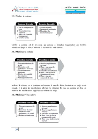 30
3.6.3 Vérifier le contenu :
Vérifier le contenu est le processus qui consiste à formaliser l’acceptation des livrables
achevés du projet et donc d’analyser si les livrables sont valables.
3.6.4 Maîtriser le contenu :
Maîtriser le contenu est le processus qui consiste à surveiller l’état du contenu du projet et du
produit, et à gérer les modifications affectant la référence de base du contenu et donc de
maitriser les modifications apportées au contenu du projet
3.6.5 Maîtriser l’échéancier :
 
