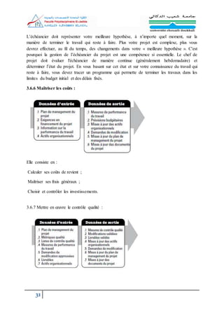 31
L’échéancier doit représenter votre meilleure hypothèse, à n’importe quel moment, sur la
manière de terminer le travail qui reste à faire. Plus votre projet est complexe, plus vous
devrez effectuer, au fil du temps, des changements dans votre « meilleure hypothèse ». C'est
pourquoi la gestion de l’échéancier du projet est une compétence si essentielle. Le chef de
projet doit évaluer l'échéancier de manière continue (généralement hebdomadaire) et
déterminer l’état du projet. En vous basant sur cet état et sur votre connaissance du travail qui
reste à faire, vous devez tracer un programme qui permette de terminer les travaux dans les
limites du budget initial et des délais fixés.
3.6.6 Maîtriser les coûts :
Elle consiste en :
Calculer ses coûts de revient ;
Maîtriser ses frais généraux ;
Choisir et contrôler les investissements.
3.6.7 Mettre en œuvre le contrôle qualité :
 