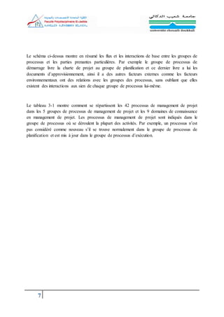 7
Le schéma ci-dessus montre en résumé les flux et les interactions de base entre les groupes de
processus et les parties prenantes particulières. Par exemple le groupe de processus de
démarrage livre la charte de projet au groupe de planification et ce dernier livre a lui les
documents d’approvisionnement, ainsi il a des autres facteurs externes comme les facteurs
environnementaux ont des relations avec les groupes des processus, sans oubliant que elles
existent des interactions aux sien de chaque groupe de processus lui-même.
Le tableau 3-1 montre comment se répartissent les 42 processus de management de projet
dans les 5 groupes de processus de management de projet et les 9 domaines de connaissance
en management de projet. Les processus de management de projet sont indiqués dans le
groupe de processus où se déroulent la plupart des activités. Par exemple, un processus n’est
pas considéré comme nouveau s’il se trouve normalement dans le groupe de processus de
planification et est mis à jour dans le groupe de processus d’exécution.
 