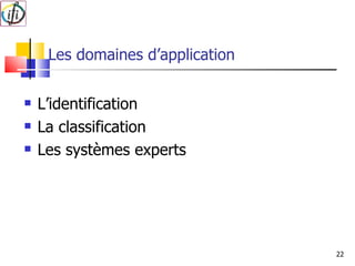 Les domaines d’application L’identification La classification Les systèmes experts 