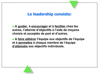 Le leadership consiste: ■  A  guider , à  encourager  et à  faciliter  chez les autres, l’atteinte d’objectifs à l’aide de moyens choisis et acceptés de part et d’autres. ■  A  faire adhérer  l’équipe aux objectifs de l’équipe et à  permettre  à chaque membre de l’équipe  d’atteindre  ses objectifs individuels. 