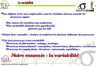 La variabilité Les défauts et les non conformités sont les résultats obtenus à partir de processus ayant : Des causes de variation non maîtrisées Une variabilité aléatoire non appréhendée générées par les 6M  Il faut donc connaître , évaluer et maîtriser les facteurs influents des processus Car tout processus à une variabilité Processus de fabrication : usinage, montage… Processus transactionnel : conception, commerciaux, financiers, recrutement Processus de supply chain : livraison , commande, expédition… Notre ennemie : la variabilité  