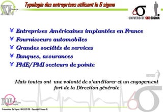 Typologie des entreprises utilisant le 6 sigma Entreprises Américaines implantées en France Fournisseurs automobiles Grandes sociétés de services Banques, assurances PME/PMI secteurs de pointe Mais toutes ont  une volonté de s’améliorer et un engagement fort de la Direction générale 