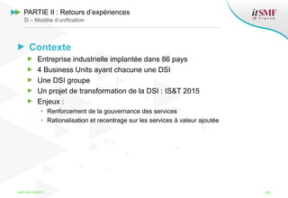 Contexte
Entreprise industrielle implantée dans 86 pays
4 Business Units ayant chacune une DSI
Une DSI groupe
Un projet de transformation de la DSI : IS&T 2015
Enjeux :
• Renforcement de la gouvernance des services
• Rationalisation et recentrage sur les services à valeur ajoutée
www.itsmfconf.fr 47
PARTIE II : Retours d’expériences
D – Modèle d’unification
 