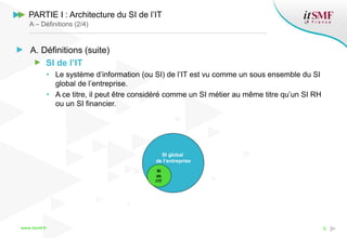 www.itsmf.fr 9
A – Définitions (2/4)
A. Définitions (suite)
SI de l’IT
• Le système d’information (ou SI) de l’IT est vu comme un sous ensemble du SI
global de l’entreprise.
• A ce titre, il peut être considéré comme un SI métier au même titre qu’un SI RH
ou un SI financier.
SI global
de l’entreprise
SI
de
l’IT
PARTIE I : Architecture du SI de l’IT
 