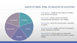 SANTE ET BIEN-ÊTRE: PLURALITÉ DE FACETTES
Physique
Sociale
Mentale
Emotionnelle
Spirituelle
Santé Physique : solidité du corps, absence de maladie
et état de bien-être optimal .
Santé sociale : capacité à former des relations
interpersonnelles satisfaisantes et de s’adapter
Santé mentale : état de bien-être psychique , émotionnel
et cognitif.
Santé émotionnelle : équilibre entre bien-être physique,
mental , émotionnel et spirituel
Santé spirituelle : heureux dans la vie, font du bien
autour d’eux, leur raison d’être est de rendre ce monde
meilleur
 