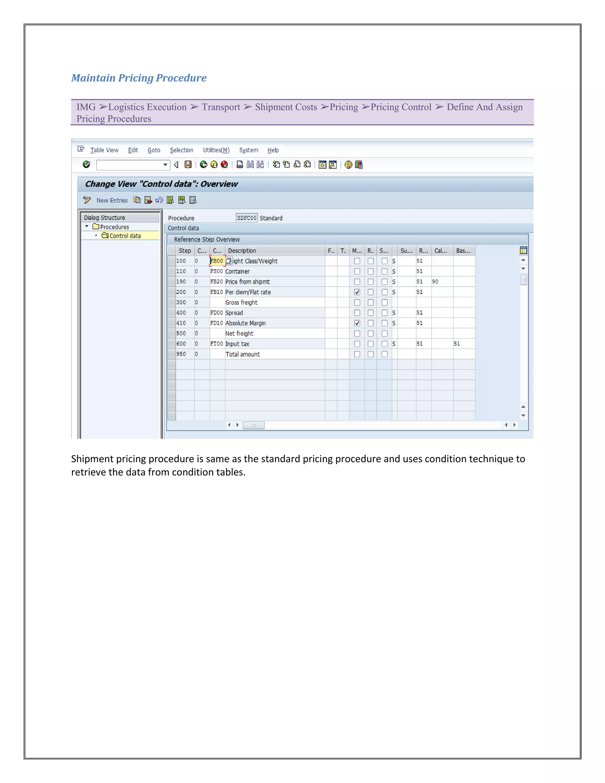 Maintain Pricing Procedure

 IMG ➢Logistics Execution ➢ Transport ➢ Shipment Costs ➢Pricing ➢Pricing Control ➢ Define And Assign
 Pricing Procedures




Shipment pricing procedure is same as the standard pricing procedure and uses condition technique to
retrieve the data from condition tables.
 