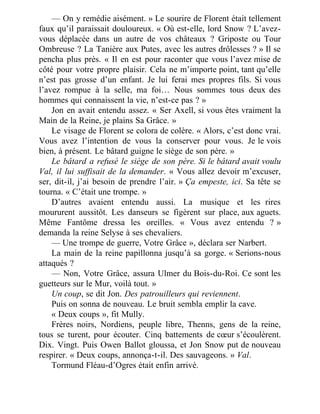 — On y remédie aisément. » Le sourire de Florent était tellement
faux qu’il paraissait douloureux. « Où est-elle, lord Snow ? L’avez-
vous déplacée dans un autre de vos châteaux ? Griposte ou Tour
Ombreuse ? La Tanière aux Putes, avec les autres drôlesses ? » Il se
pencha plus près. « Il en est pour raconter que vous l’avez mise de
côté pour votre propre plaisir. Cela ne m’importe point, tant qu’elle
n’est pas grosse d’un enfant. Je lui ferai mes propres fils. Si vous
l’avez rompue à la selle, ma foi… Nous sommes tous deux des
hommes qui connaissent la vie, n’est-ce pas ? »
Jon en avait entendu assez. « Ser Axell, si vous êtes vraiment la
Main de la Reine, je plains Sa Grâce. »
Le visage de Florent se colora de colère. « Alors, c’est donc vrai.
Vous avez l’intention de vous la conserver pour vous. Je le vois
bien, à présent. Le bâtard guigne le siège de son père. »
Le bâtard a refusé le siège de son père. Si le bâtard avait voulu
Val, il lui suffisait de la demander. « Vous allez devoir m’excuser,
ser, dit-il, j’ai besoin de prendre l’air. » Ça empeste, ici. Sa tête se
tourna. « C’était une trompe. »
D’autres avaient entendu aussi. La musique et les rires
moururent aussitôt. Les danseurs se figèrent sur place, aux aguets.
Même Fantôme dressa les oreilles. « Vous avez entendu ? »
demanda la reine Selyse à ses chevaliers.
— Une trompe de guerre, Votre Grâce », déclara ser Narbert.
La main de la reine papillonna jusqu’à sa gorge. « Serions-nous
attaqués ?
— Non, Votre Grâce, assura Ulmer du Bois-du-Roi. Ce sont les
guetteurs sur le Mur, voilà tout. »
Un coup, se dit Jon. Des patrouilleurs qui reviennent.
Puis on sonna de nouveau. Le bruit sembla emplir la cave.
« Deux coups », fit Mully.
Frères noirs, Nordiens, peuple libre, Thenns, gens de la reine,
tous se turent, pour écouter. Cinq battements de cœur s’écoulèrent.
Dix. Vingt. Puis Owen Ballot gloussa, et Jon Snow put de nouveau
respirer. « Deux coups, annonça-t-il. Des sauvageons. » Val.
Tormund Fléau-d’Ogres était enfin arrivé.
 