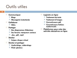 Outils utiles Communiquer Blogs Messagerie instantanée Collaborer Wikis Partager Des diaporamas: Slideshare Ses favoris: marqueurs sociaux .doc, .pdf, .mp3 Stocker Snipes: disque virtuel Stocker et partager Audio-blogs, vidéo-blogs Flickr (photos) Logiciels en ligne Traitement de texte Traitement d’images Convertisseurs pdf Convertisseurs fichiers audiovisuels Plateformes pour créer des activités éducatives en ligne 