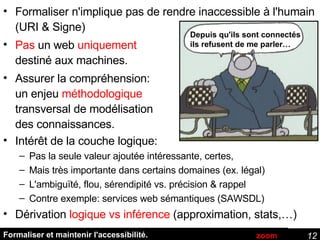 Formaliser et maintenir l'accessibilité. Formaliser n'implique pas de rendre inaccessible à l'humain (URI & Signe) Pas  un web  uniquement destiné aux machines. Assurer la compréhension: un enjeu  méthodologique transversal de modélisation des connaissances. Intérêt de la couche logique: Pas la seule valeur ajoutée intéressante, certes, Mais très importante dans certains domaines (ex. légal) L'ambiguïté, flou, sérendipité vs. précision & rappel Contre exemple: services web sémantiques ( SAWSDL) Dérivation  logique vs inférence  (approximation, stats,…) Depuis qu'ils sont connectés ils refusent de me parler… zoom 