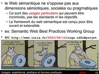Usages: expérience, pratique et bonnes pratiques le Web sémantique ne s'oppose pas aux dimensions sémiotiques, sociales ou pragmatiques  Ce sont des  usages particuliers  qui peuvent être incriminés, pas les standards ni les objectifs. Le framework du web sémantique est conçu pour être ouvert et extensible. ex: Semantic Web Best Practices Working Group ex:  http://www.inria.fr/ 2003/08/16 /orga.rdfs#projet   zoom 