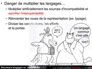 Nouveaux langages vs. réutilisation Danger de multiplier les langages… Multiplier artificiellement les sources d'incompatibilité et  sacrifier l'interopérabilité . Réinventer les roues de la représentation (ex: typage). Diviser les contributions, les efforts et la portée Un langage commun c'est utile  non?  zoom 