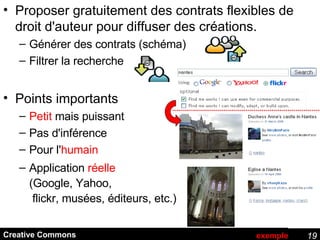 Creative Commons Proposer gratuitement des contrats flexibles de droit d'auteur pour diffuser des créations. Générer des contrats (schéma) Filtrer la recherche Points importants Petit  mais puissant Pas d'inférence Pour l' humain Application  réelle (Google, Yahoo,  flickr, musées, éditeurs, etc.) exemple 