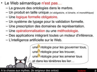 A la chasse aux mythes. (le seigneur des ontos) Le Web sémantique  n'est pas … La gravure des ontologies dans le marbre. Un produit en taille unique  (ni obligatoire, ni binaire, ni monolithique) Une  logique formelle obligatoire . Un système de typage pour la validation formelle. Une prescription des domaines de représentation. Une  opérationnalisation  ou une  méthodologie . Des applications intégrant toutes un moteur d'inférence.  L'intelligence artificielle sur le Web. une  ntologie pour les gouverner tous, une  ntologie pour les trouver, une  ntologie pour les amener tous et dans les ténèbres les lier… lecture 
