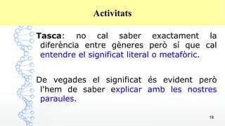18
Activitats
Tasca: no cal saber exactament la
diferència entre gèneres però sí que cal
entendre el significat literal o metafòric.
De vegades el significat és evident però
l'hem de saber explicar amb les nostres
paraules.
 
