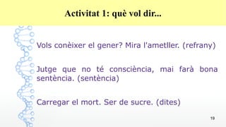 19
Activitat 1: què vol dir...
Vols conèixer el gener? Mira l'ametller. (refrany)
Jutge que no té consciència, mai farà bona
sentència. (sentència)
Carregar el mort. Ser de sucre. (dites)
 