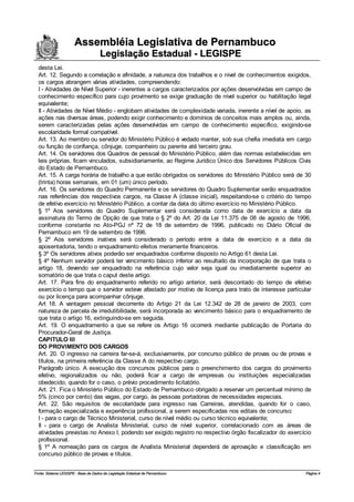 Assembléia Legislativa de Pernambuco
                                     Legislação Estadual - LEGISPE
  desta Lei.
  Art. 12. Segundo a correlação e afinidade, a natureza dos trabalhos e o nível de conhecimentos exigidos,
  os cargos abrangem várias atividades, compreendendo:
  I - Atividades de Nível Superior - inerentes a cargos caracterizados por ações desenvolvidas em campo de
  conhecimento específico para cujo provimento se exige graduação de nível superior ou habilitação legal
  equivalente;
  II - Atividades de Nível Médio - englobam atividades de complexidade variada, inerente a nível de apoio, as
  ações nas diversas áreas, podendo exigir conhecimento e domínios de conceitos mais amplos ou, ainda,
  serem caracterizadas pelas ações desenvolvidas em campo de conhecimento específico, exigindo-se
  escolaridade formal compatível.
  Art. 13. Ao membro ou servidor do Ministério Público é vedado manter, sob sua chefia imediata em cargo
  ou função de confiança, cônjuge, companheiro ou parente até terceiro grau.
  Art. 14. Os servidores dos Quadros de pessoal do Ministério Público, além das normas estabelecidas em
  leis próprias, ficam vinculados, subsidiariamente, ao Regime Jurídico Único dos Servidores Públicos Civis
  do Estado de Pernambuco.
  Art. 15. A carga horária de trabalho a que estão obrigados os servidores do Ministério Público será de 30
  (trinta) horas semanais, em 01 (um) único período.
  Art. 16. Os servidores do Quadro Permanente e os servidores do Quadro Suplementar serão enquadrados
  nas referências dos respectivos cargos, na Classe A (classe inicial), respeitando-se o critério do tempo
  de efetivo exercício no Ministério Público, a contar da data do último exercício no Ministério Público.
  § 1º Aos servidores do Quadro Suplementar será considerada como data de exercício a data da
  assinatura do Termo de Opção de que trata o § 2º do Art. 20 da Lei 11.375 de 08 de agosto de 1996,
  conforme constante no Ato-PGJ nº 72 de 18 de setembro de 1996, publicado no Diário Oficial de
  Pernambuco em 19 de setembro de 1996.
  § 2º Aos servidores inativos será considerado o período entre a data de exercício e a data da
  aposentadoria, tendo o enquadramento efeitos meramente financeiros.
  § 3º Os servidores ativos poderão ser enquadrados conforme disposto no Artigo 61 desta Lei.
  § 4º Nenhum servidor poderá ter vencimento básico inferior ao resultado da incorporação de que trata o
  artigo 18, devendo ser enquadrado na referência cujo valor seja igual ou imediatamente superior ao
  somatório de que trata o caput deste artigo.
  Art. 17. Para fins do enquadramento referido no artigo anterior, será descontado do tempo de efetivo
  exercício o tempo que o servidor esteve afastado por motivo de licença para trato de interesse particular
  ou por licença para acompanhar cônjuge.
  Art 18. A vantagem pessoal decorrente do Artigo 21 da Lei 12.342 de 28 de janeiro de 2003, com
  natureza de parcela de irredutibilidade, será incorporada ao vencimento básico para o enquadramento de
  que trata o artigo 16, extinguindo-se em seguida.
  Art. 19. O enquadramento a que se refere os Artigo 16 ocorrerá mediante publicação de Portaria do
  Procurador-Geral de Justiça.
  CAPITULO III
  DO PROVIMENTO DOS CARGOS
  Art. 20. O ingresso na carreira far-se-á, exclusivamente, por concurso público de provas ou de provas e
  títulos, na primeira referência da Classe A do respectivo cargo.
  Parágrafo único. A execução dos concursos públicos para o preenchimento dos cargos do provimento
  efetivo, regionalizados ou não, poderá ficar a cargo de empresas ou instituições especializadas
  obedecido, quando for o caso, o prévio procedimento licitatório.
  Art. 21. Fica o Ministério Público do Estado de Pernambuco obrigado a reservar um percentual mínimo de
  5% (cinco por cento) das vagas, por cargo, às pessoas portadoras de necessidades especiais.
  Art. 22. São requisitos de escolaridade para ingresso nas Carreiras, atendidas, quando for o caso,
  formação especializada e experiência profissional, a serem especificadas nos editais de concurso:
  I - para o cargo de Técnico Ministerial, curso de nível médio ou curso técnico equivalente;
  II - para o cargo de Analista Ministerial, curso de nível superior, correlacionado com as áreas de
  atividades previstas no Anexo I, podendo ser exigido registro no respectivo órgão fiscalizador do exercício
  profissional.
  § 1º A nomeação para os cargos de Analista Ministerial dependerá de aprovação e classificação em
  concurso público de provas e títulos.


Fonte: Sistema LEGISPE - Base de Dados de Legislação Estadual de Pernambuco                               Página 4
 