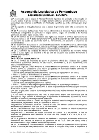 Assembléia Legislativa de Pernambuco
                                     Legislação Estadual - LEGISPE
  § 2º A nomeação para os cargos de Técnico Ministerial dependerá de aprovação e classificação em
  concurso público de provas, podendo ser exigido, conforme atribuição prevista em Edital de Concurso,
  apresentação dos diplomas ou certificados em habilitação específica, ou ainda, habilitação para dirigir
  veículo.
  § 3º Os requisitos e atribuições básicas para os cargos de provimento efetivo são os constantes no
  Anexo IV.
  Art. 23. A composição do Quadro de Apoio Técnico-Administrativo do Ministério Público do Estado de
  Pernambuco corresponderá ao quantitativo de cargos efetivos, cargos em comissão e das funções
  gratificadas, providos e vagos, criados por lei.
  Art. 24. Os serviços de apoio administrativo aos órgãos que integram a estrutura organizacional da
  Instituição prevista no art. 7º da Lei Complementar nº 12, de 29 de dezembro de 1994, serão realizados
  por servidores do Quadro de provimento efetivo e, eventualmente, por servidores à disposição do
  Ministério Público.
  Art. 25. Os servidores à disposição do Ministério Público deverão ter vínculo efetivo com a Administração
  Pública em qualquer das esferas federal, estadual ou municipal, sendo vedado ao Ministério Público de
  Pernambuco requisitar servidores exclusivamente comissionados ou contratados.
  Art. 26. A quantidade de servidores dos Quadros Permanente e Suplementar do Ministério Público
  cedidos a outros órgãos não excederá a 2% do total de servidores dos Quadros Permanente e
  Suplementar em atividade.
  CAPITULO IV
  DA ESTRUTURA DE REMUNERAÇÃO
  Art. 27. A estrutura do vencimento do quadro de provimento efetivo dos servidores dos Quadros
  Permanente e Suplementar é formada por três Classes, denominadas A, B e C, escalonadas, cada
  classe, em doze referências.
  § 1º Para os cargos de Analista Ministerial e Analista Ministerial Suplementar, a Classe A é a classe
  inicial na carreira. As Classes B e C são classes que poderão ser alcançadas mediante promoção por
  elevação de nível profissional, assim discriminadas:
  I - Classe B: conclusão de outra graduação em nível superior ou de especialização lato sensu;
  II – Classe C: conclusão de mestrado ou de doutorado.
  § 2º Para os cargos de Técnico Ministerial e Técnico Ministerial Suplementar, a Classe A é a classe
  inicial na carreira. As Classes B e C são classes que poderão ser alcançadas mediante promoção por
  elevação de nível profissional, assim discriminadas:
  I - Classe B: conclusão de graduação em nível superior;
  II – Classe C: conclusão de outra graduação de nível superior ou de especialização lato sensu.
  § 3º. Os cursos constantes nos parágrafos 1º e 2º deste artigo deverão ser reconhecidos pelo Ministério
  de Educação e Cultura - MEC.
  § 4º. Será exigida para o curso de especialização lato sensu carga horária mínima de 360 (trezentos e
  sessenta) horas.
  § 5º. Os cursos de especialização lato sensu e stricto sensu deverão ser relacionados com as
  atribuições do cargo, cabendo à administração, a requerimento do interessado, reconhecê-los ou não
  para efeito de promoção por elevação de nível profissional.
  Art. 28. O vencimento inicial da Classe A dos cargos de provimento efetivo dos Órgãos de Apoio Técnico
  e Administrativo, de provimento efetivo, é o constante no Anexo VI.
  Parágrafo único. O vencimento inicial das Classes B e C terá uma diferença percentual em relação ao
  vencimento inicial da Classe A de 9,5% e 10%, respectivamente.
  Art. 29. O vencimento dos cargos constantes dos Anexos I e II, da presente Lei, terá um acréscimo de
  percentual de 9% entre cada referência da Classe A.
  Parágrafo único. O vencimento dos cargos constantes dos Anexos I e II, da presente Lei terá um
  acréscimo de percentual entre referências de cada uma das Classes B e C de 9,5% e 10%,
  respectivamente.
  Art. 30. A gratificação de exercício concedida aos servidores à disposição do Ministério Público fica
  transformada em Adicional de Exercício no percentual de até 100% (cem por cento) sobre o
  vencimento-base do cargo, conforme disposto em regulamento.
  Art. 31. Os servidores do Ministério Público e os servidores à disposição do Ministério Público poderão
  receber o adicional por serviço extraordinário para atender a situações excepcionais e temporárias e


Fonte: Sistema LEGISPE - Base de Dados de Legislação Estadual de Pernambuco                             Página 5
 