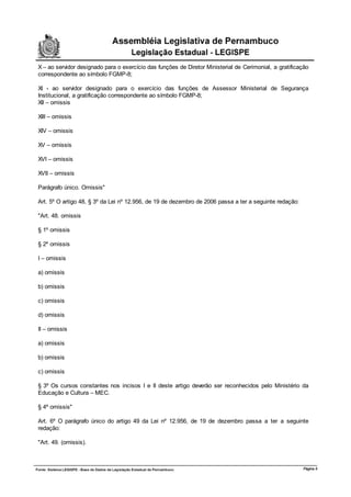 X – ao servidor designado para o exercício das funções de Diretor Ministerial de Cerimonial, a gratificação
correspondente ao símbolo FGMP-8;

XI - ao servidor designado para o exercício das funções de Assessor Ministerial de Segurança
Institucional, a gratificação correspondente ao símbolo FGMP-8;
XII – omissis

XIII – omissis

XIV – omissis

XV – omissis

XVI – omissis

XVII – omissis

Parágrafo único. Omissis"

Art. 5º O artigo 48, § 3º da Lei nº 12.956, de 19 de dezembro de 2006 passa a ter a seguinte redação:

"Art. 48. omissis

§ 1º omissis

§ 2º omissis

I – omissis

a) omissis

b) omissis

c) omissis

d) omissis

II – omissis

a) omissis

b) omissis

c) omissis

§ 3º Os cursos constantes nos incisos I e II deste artigo deverão ser reconhecidos pelo Ministério da
Educação e Cultura – MEC.

§ 4º omissis"

Art. 6º O parágrafo único do artigo 49 da Lei nº 12.956, de 19 de dezembro passa a ter a seguinte
redação:

"Art. 49. (omissis).



                                                                                                        Página 5
 