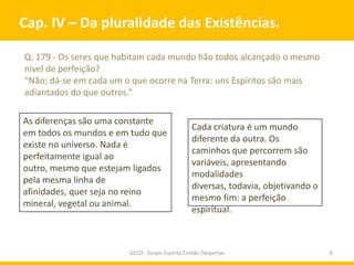 Cap. IV – Da pluralidade das Existências.

Q. 179 - Os seres que habitam cada mundo hão todos alcançado o mesmo
nível de perfeição?
“Não; dá-se em cada um o que ocorre na Terra: uns Espíritos são mais
adiantados do que outros.”

As diferenças são uma constante
                                                 Cada criatura é um mundo
em todos os mundos e em tudo que
                                                 diferente da outra. Os
existe no universo. Nada é
                                                 caminhos que percorrem são
perfeitamente igual ao
                                                 variáveis, apresentando
outro, mesmo que estejam ligados
                                                 modalidades
pela mesma linha de
                                                 diversas, todavia, objetivando o
afinidades, quer seja no reino
                                                 mesmo fim: a perfeição
mineral, vegetal ou animal.
                                                 espiritual.



                        GECD - Grupo Espírita Cristão Despertar                     6
 