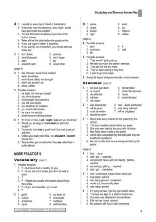 2 1. I would ski every day if I lived in Switzerland.
2. If they had read the directions, they might / would
have prevented the accident.
3. You will find some envelopes if you look in the
bottom drawer.
4. Peter will set the table before the guests arrive.
5. If you put sugar in water, it dissolves.
6. If you want to run a marathon, you should exercise
every day.
3 1. don’t thank 5. practise
2. hadn’t followed 6. don’t forget
3. were 7. go
4. wouldn’t need 8. would shop
(page 4)
4 1. had checked, would have realised
2. were, would play
3. would have called, had brought
4. didn’t eat, wouldn’t be
5. arrive, will be
5 Possible answers:
1. he might not have got caught
2. you have a licence
3. more people had watched it
4. you will lose weight
5. you send him an invitation
6. you had studied harder
7. he starts his next job
8. would have my driving licence
6 1. If I finish on time, I will / might / can join you for dinner.
2. Would you be angry if I cancelled our plans for
tonight?
3. You would have had a good time if you had gone out
with him.
4. Unless you really need help, you shouldn’t / mustn’t
disturb him.
5. People often get excited when they see celebrities in
public places.
MORE PRACTICE 5
Vocabulary (page 1)
1 Possible answers:
1. F – Nutritious food is healthy for you.
2. F – If you are out of shape, you don’t do well at
sport.
3. T
4. F – People are usually enthusiastic about things
they enjoy.
5. F – If you are miserable, you’re sad.
6. T
2 1. get fit 5. cut down on
2. overdo 6. overweight
3. endurance 7. nutritious
4. injure 8. self-discipline
3 1. sense 5. avoid
2. chase 6. last
3. trainer 7. improve
4. sign 8. enable
(page 2)
4 Possible answers:
1. gym 4. ill
2. exercises 5. cold
3. lift
5 Possible answers:
1. They weren’t getting along.
2. He eats too much and doesn’t exercise.
3. They don’t fit her any more.
4. They’ve been waiting a long time.
5. I want to get into shape.
6 Accept all logical and grammatically correct answers.
Grammar (page 3)
1 1. Do your eyes burn 6. can be taken
2. is caused 7. should be adjusted
3. are affected 8. cause
4. will lose 9. should be kept
5. will create
2 1. was discovered 5. has … been purchased
2. will be given 6. was being repaired
3. must be written 7. will be displayed
4. should be taken
3 1. Blood tests were ordered for the patient (by the
doctor).
2. The door must be locked before you leave.
3. She was seen leaving the party with Nicholas.
4. Has Peter been invited to the party?
5. All the food is prepared (by the chef) with only the
healthiest ingredients.
6. He had no idea that he was being watched by the
police.
(page 4)
4 1. had … done
2. had / got … removed
3. are going to have / get / are having / getting …
washed
4. are having / getting … repaired
5. had / got … translated
5 1. don’t understand, haven’t been dealt with
2. has lasted, will find
3. was being ignored, complained
4. works out, has recently been
5. was riding, was hit
6 1. I’m going to have / get my eyes tested today.
2. The keys are kept on a shelf in the kitchen.
3. Our team was defeated in the semifinals.
4. Ella had her house cleaned.
5. My question still hasn’t been answered.
3
Vocabulary and Grammar Answer Key
 