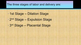 The three stages of labor and delivery are:
• 1st Stage – Dilation Stage
• 2nd Stage – Expulsion Stage
• 3rd Stage – Placental Stage
 