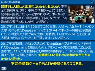 7
Alpha Goの続編
2017年1月11日-1月30日までの20日間、人間 vs AI(カーネギーメロン
大学)で作られたDeepLearningではないAI)のポーカーの勝負が実施さ
れた。この勝負で人間がAIに完敗。対戦後、「AIはメンタルに左右されず、
人間より大きなプレッシャーを正確にかけてくる」と語った。
不完全情報ゲームでもAIが優勢になりつつある。
囲碁では人間はAIに勝てないかもしれないが、不完
全な情報を元に戦う「不完全情報ゲーム」ではまだ人
間の有利が続いている…と思われていた。ポーカーは
相手の手が見えず、相手の手を「読み」ながらゲームを
進める必要がある。はったりも必要だし…
2017年3月2日、サイエンス誌にAI「DeepStack(アルバータ大学で作ら
れたDeepLearningを応用したAI)」がポーカーのプロに圧勝したことが発
表された。11人の対戦相手と3,000局の勝負を行い、10人に勝利し、獲
得チップ数で人間を上回った。対戦後「AIと言われなければ気が付かな
かった」と語った。
 