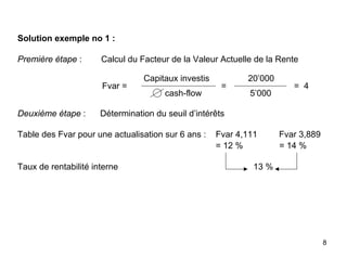 8
Solution exemple no 1 :
Première étape : Calcul du Facteur de la Valeur Actuelle de la Rente
Capitaux investis 20’000
Fvar = = = 4
cash-flow 5’000
Deuxième étape : Détermination du seuil d’intérêts
Table des Fvar pour une actualisation sur 6 ans : Fvar 4,111 Fvar 3,889
= 12 % = 14 %
Taux de rentabilité interne 13 %
 