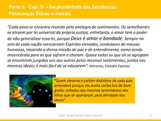Parte II - Cap. IV – Da pluralidade das Existências.
Parecenças físicas e morais
“Cada povo se encontra reunido pela analogia de sentimentos. Os semelhantes
se atraem por lei universal da própria justiça, entretanto, o amor tem o poder
de não generalizar essa lei, porque Deus é amor e bondade. Sempre no
seio de cada nação reencarnam Espíritos elevados, condutores de massas
humanas, trazendo a divina missão de paz e de entendimento, como sendo
misericórdia para os que sofrem e choram. Quase todos os que ali se agrupam
se encontram jungidos uns aos outros pelos mesmos sentimentos, juntos nos
mesmos ideais; é mais fácil de se educarem”. (Miramez, Filosofia Espírita)
“Quem observa o caráter distintivo de cada país
entenderá porque ele aceita certas leis de bom
grado; voltadas aos mesmos sentimentos dos
filhos que ali aportaram, pela afinidade dos
ideais”.

GECD - Grupo Espírita Cristão Despertar

3

 