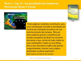 Parte II - Cap. IV – Da pluralidade das Existências.
Parecenças físicas e morais

1938

“Estas páginas modestas constituem, pois,
uma contribuição humilde à elucidação da
história da civilização brasileira em sua
marcha através dos tempos. Têm por
único objetivo provar a excelência da
missão evangélica do Brasil no concerto
dos povos e que, acima de tudo, todas as
suas realizações e todos os seus feitos,
forros dos miseráveis troféus das glórias
sanguinolentas, tiveram suas origens
profundas no plano espiritual” .
(pelo Espírito Humberto de Campos)
GECD - Grupo Espírita Cristão Despertar

6

 